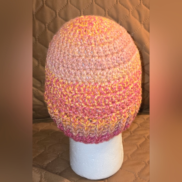 Handcrafted Pink and Yellow Knit Beanie - Picture 3 of 3